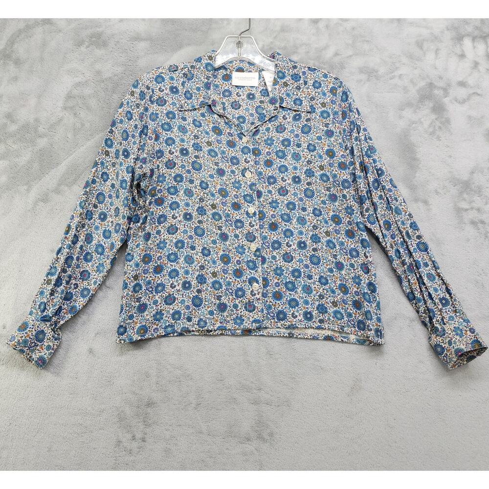 Vintage 90s Liz Claiborne Lizwear‎ Top Womens S Blue Floral Rayon Long Sleeves
